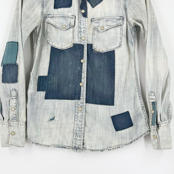 Lucky Brand Legend Denim Patchwork Button Up Shirt XS Western Boho Cottage Farm - Picture 3 of 8